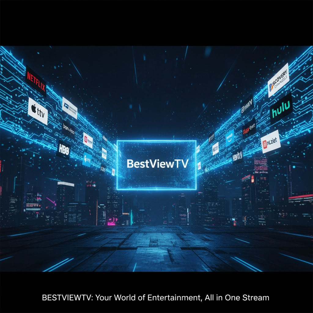 Digital interface with various streaming service logos and 'BestViewTV' in the center.